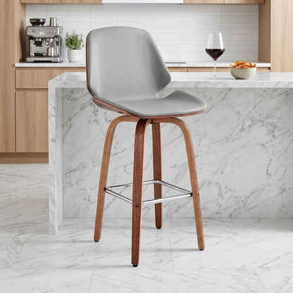 26" Gray And Brown Fabric And Wood Counter Height Swivel Bar Chair HomeRoots