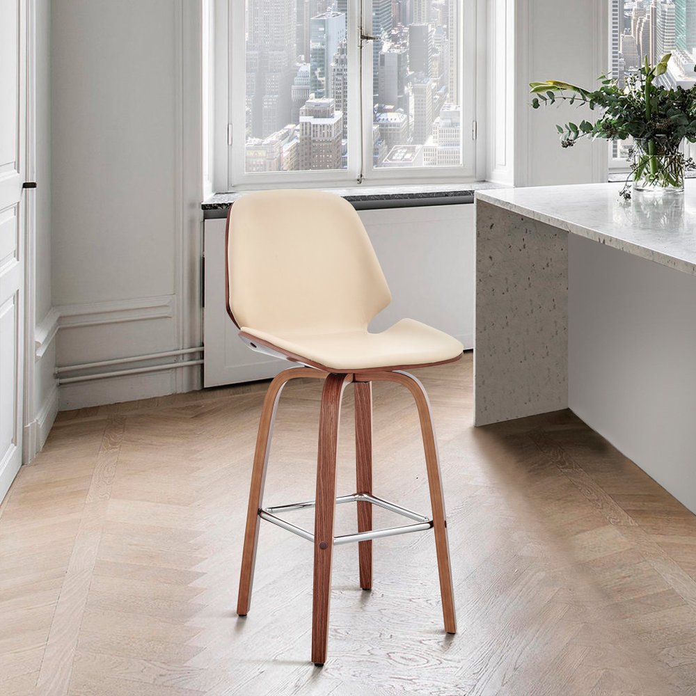 26" Cream And Brown Fabric And Wood Counter Height Swivel Bar Chair HomeRoots