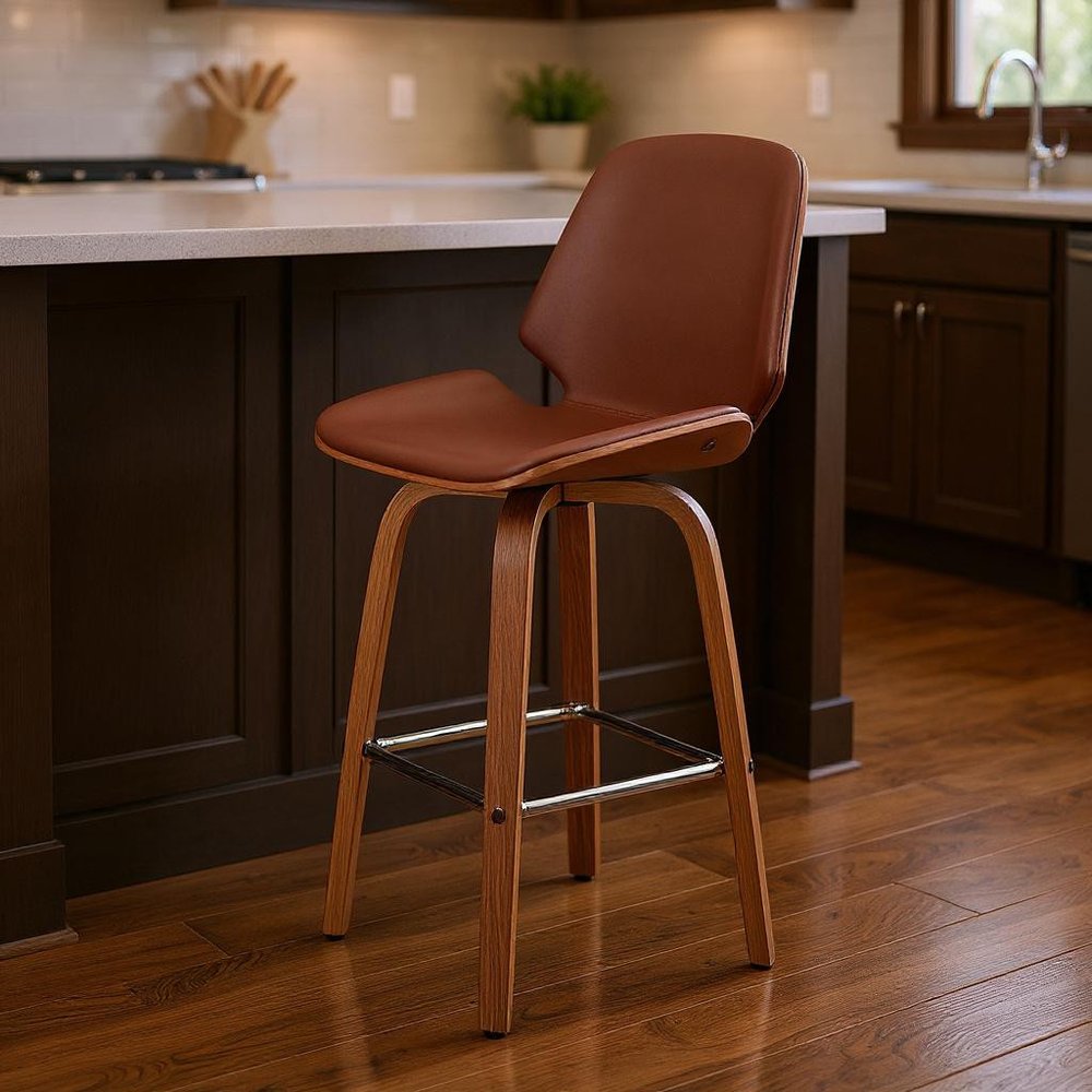 26" Brown Fabric And Wood Counter Height Swivel Bar Chair HomeRoots