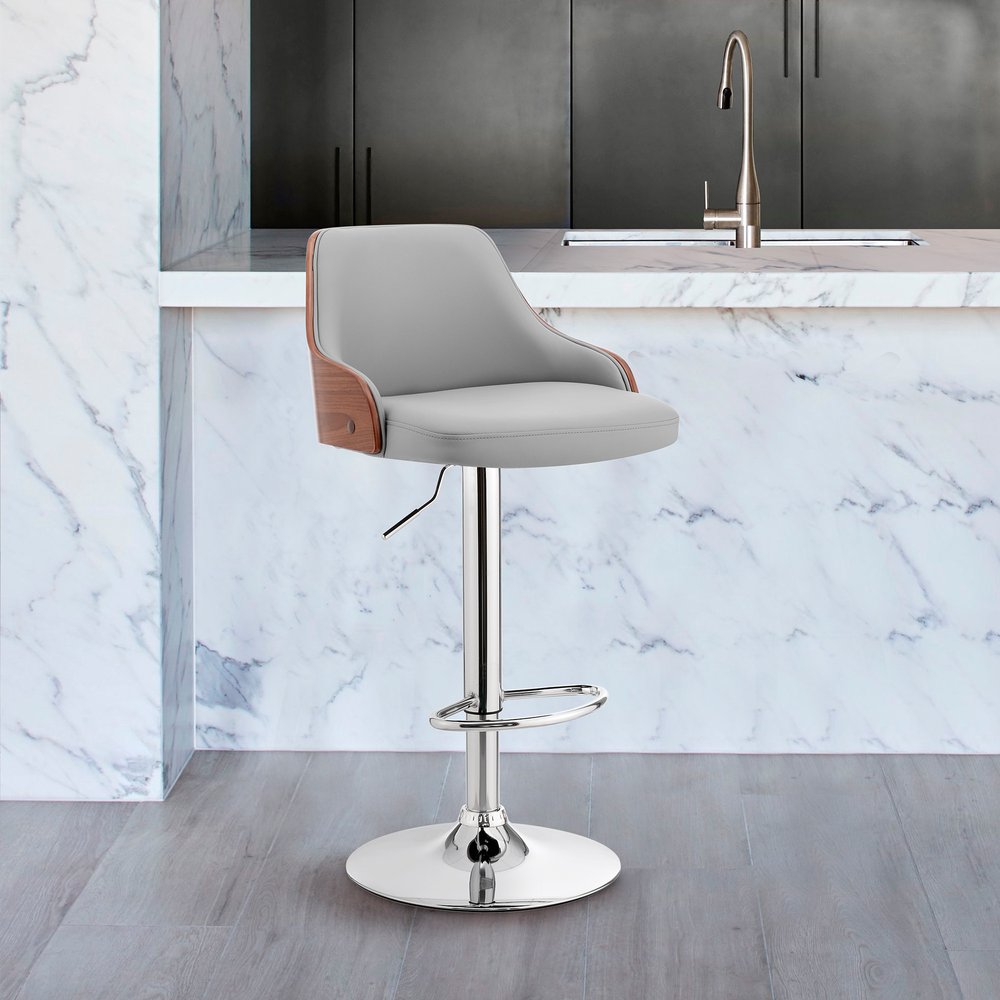 Gray And Silver Faux Leather And Iron Adjustable Height Swivel Bar Chair HomeRoots