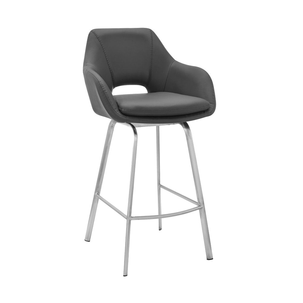 30" Gray And Silver Fabric And Iron Low Back Bar Height Swivel Bar Chair HomeRoots