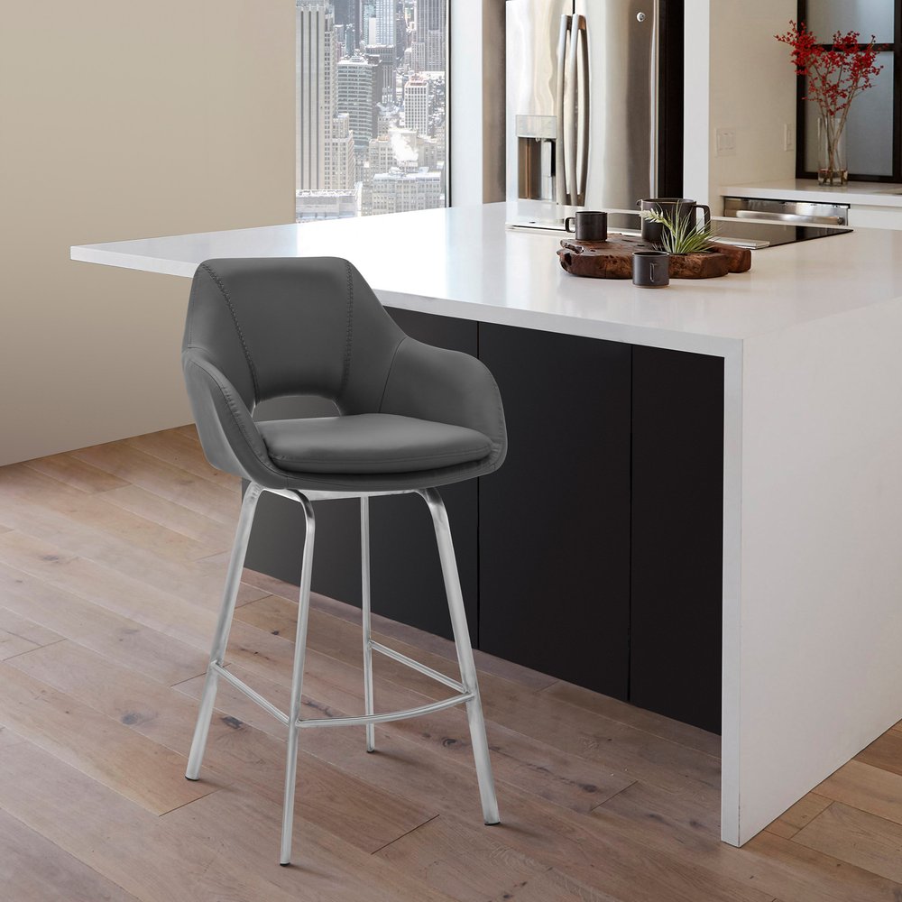 30" Gray And Silver Fabric And Iron Low Back Bar Height Swivel Bar Chair HomeRoots