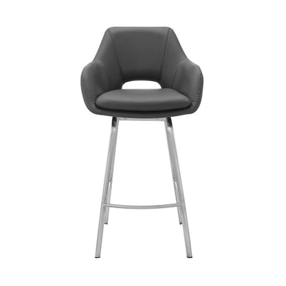 30" Gray And Silver Fabric And Iron Low Back Bar Height Swivel Bar Chair HomeRoots