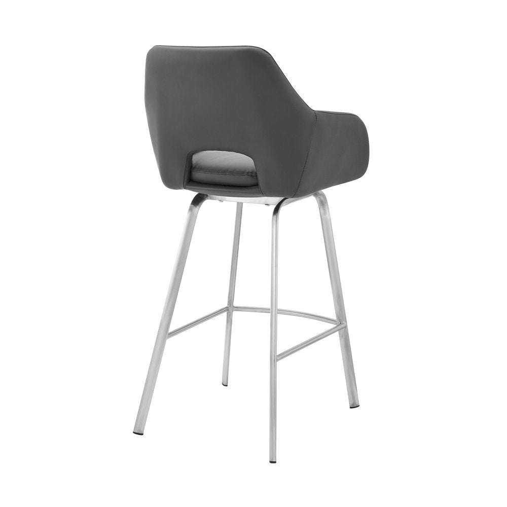 30" Gray And Silver Fabric And Iron Low Back Bar Height Swivel Bar Chair HomeRoots