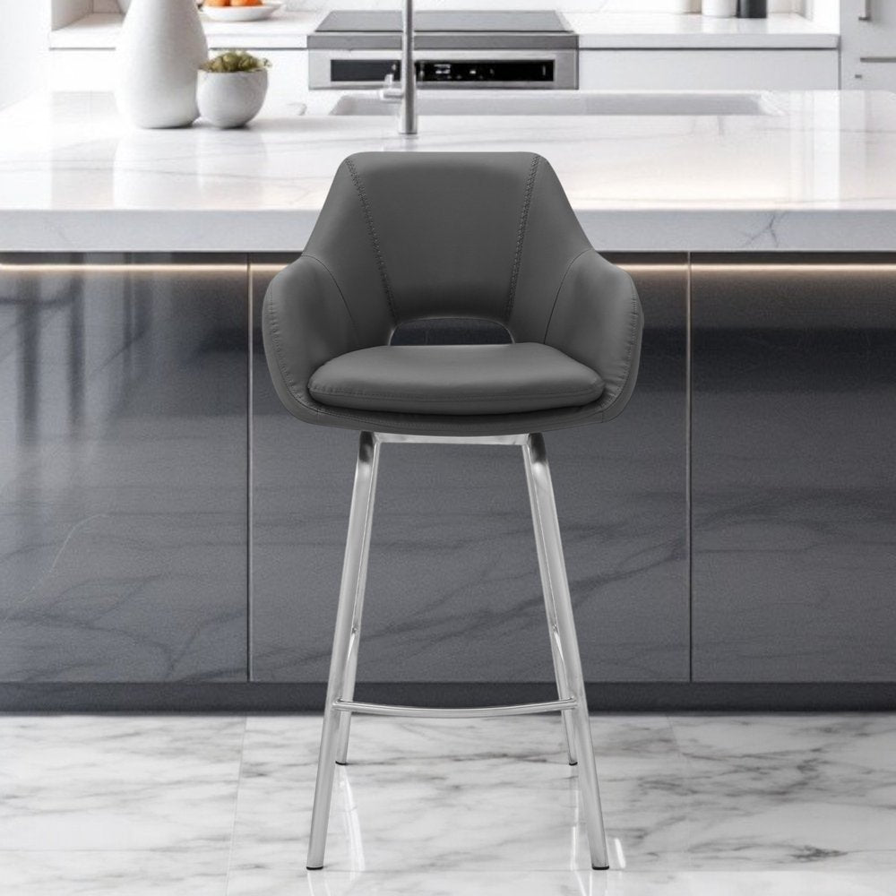 30" Gray And Silver Iron Swivel Low Back Bar Height Bar Chair HomeRoots