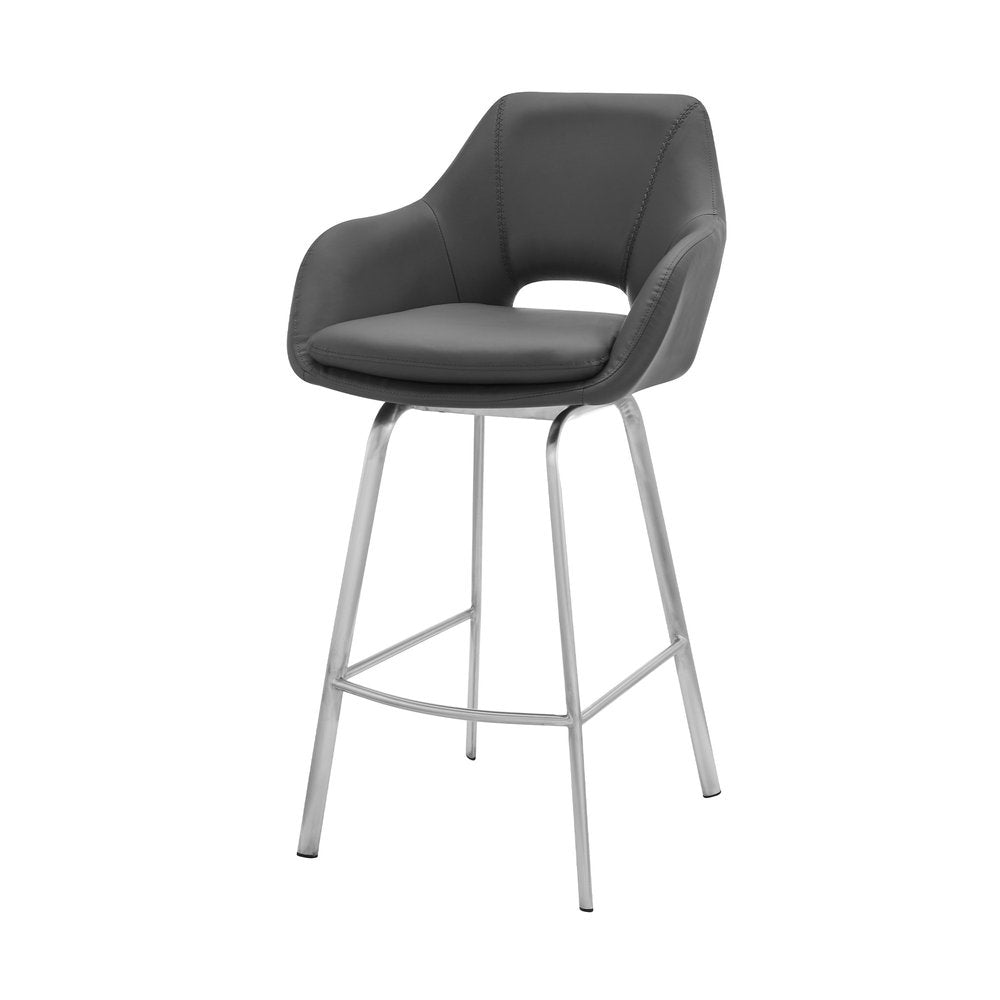 30" Gray And Silver Fabric And Iron Low Back Bar Height Swivel Bar Chair HomeRoots