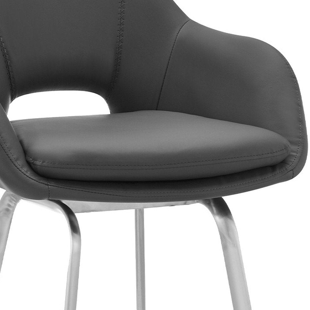 30" Gray And Silver Fabric And Iron Low Back Bar Height Swivel Bar Chair HomeRoots