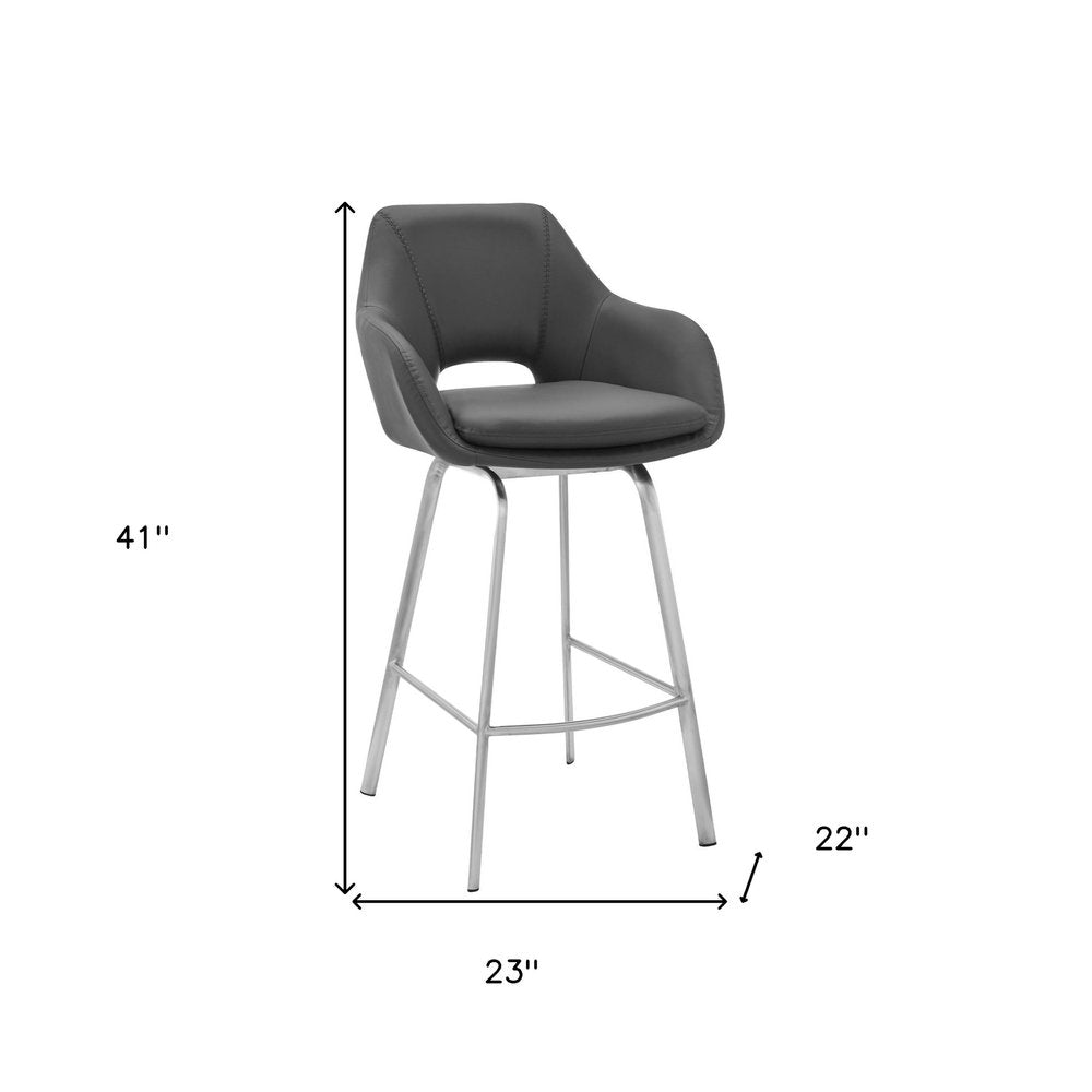 30" Gray And Silver Fabric And Iron Low Back Bar Height Swivel Bar Chair HomeRoots