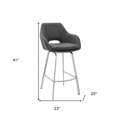 30" Gray And Silver Fabric And Iron Low Back Bar Height Swivel Bar Chair HomeRoots