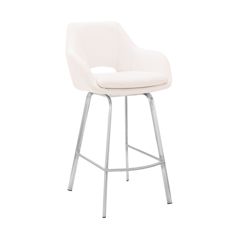 30" White And Silver Iron Swivel Low Back Bar Height Bar Chair HomeRoots
