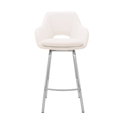 30" White And Silver Fabric And Iron Low Back Bar Height Swivel Bar Chair HomeRoots