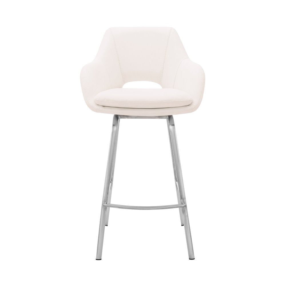 30" White And Silver Iron Swivel Low Back Bar Height Bar Chair HomeRoots