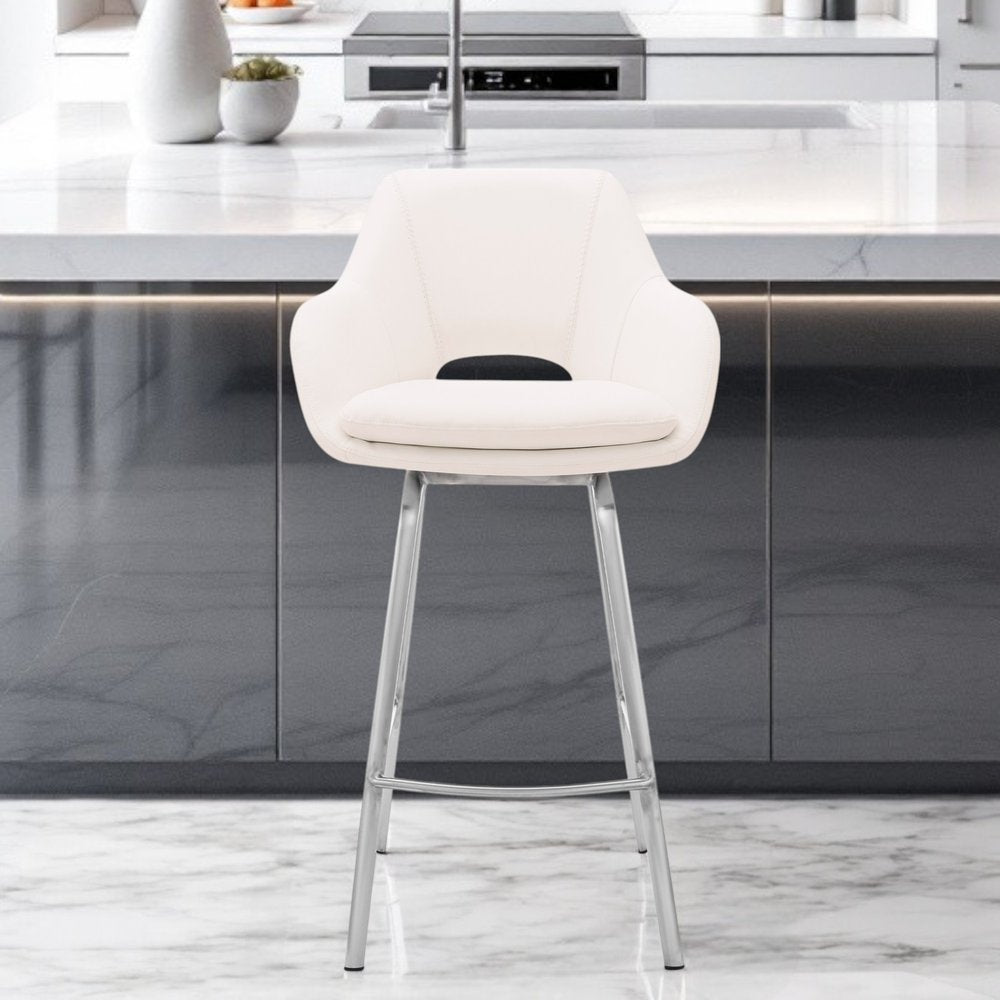 30" White And Silver Iron Swivel Low Back Bar Height Bar Chair HomeRoots