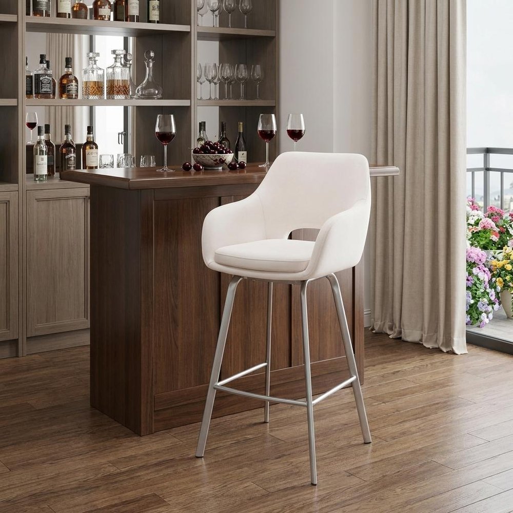 30" White And Silver Iron Swivel Low Back Bar Height Bar Chair HomeRoots