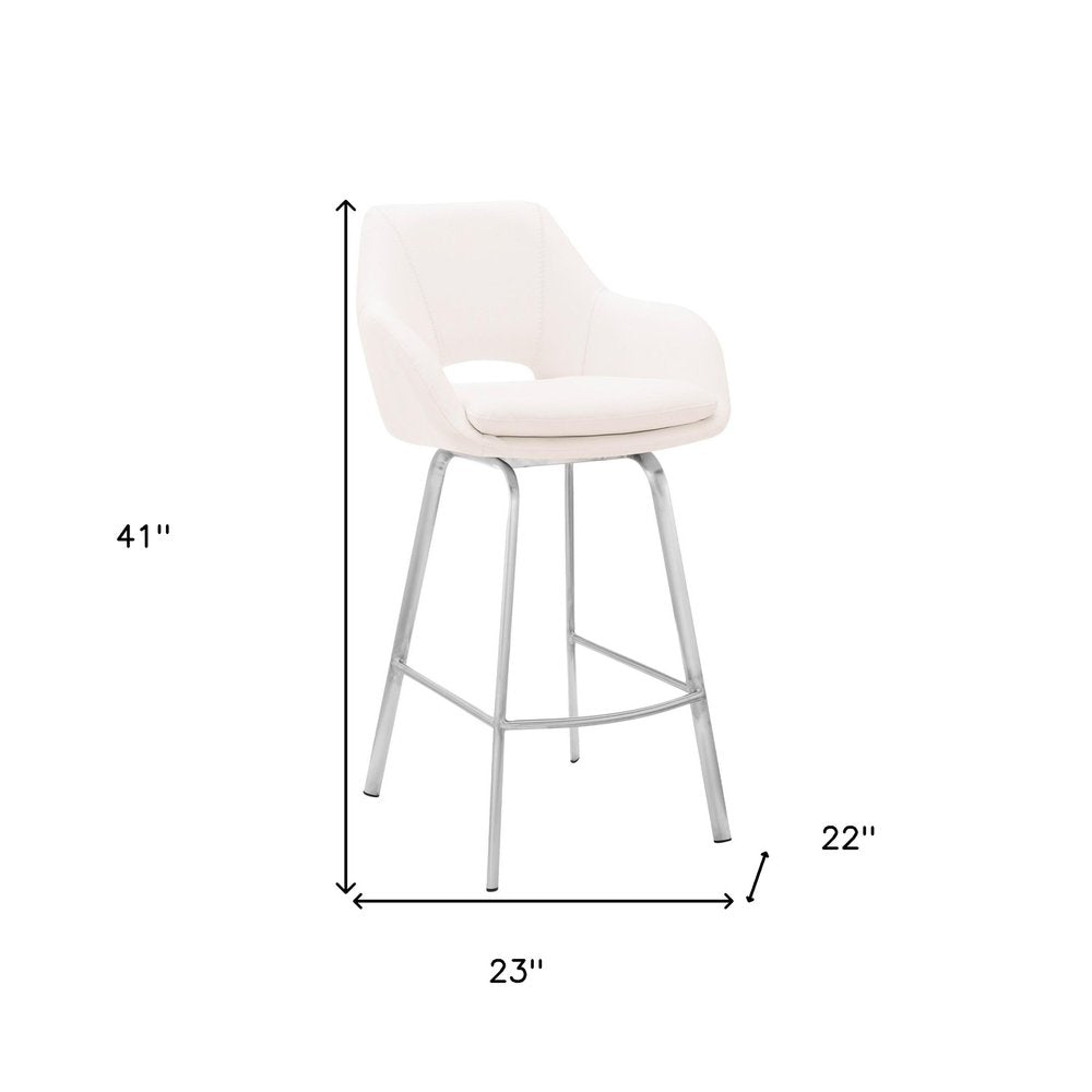 30" White And Silver Iron Swivel Low Back Bar Height Bar Chair HomeRoots