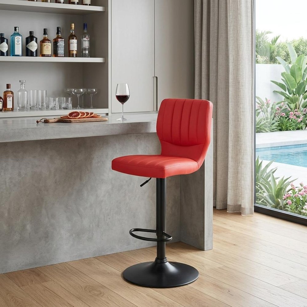 Red And Black Fabric And Faux Leather And Iron Adjustable Height Swivel Bar Chair HomeRoots