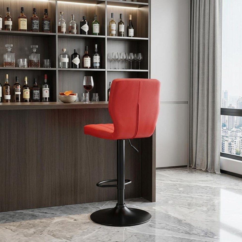 Red And Black Fabric And Faux Leather And Iron Adjustable Height Swivel Bar Chair HomeRoots