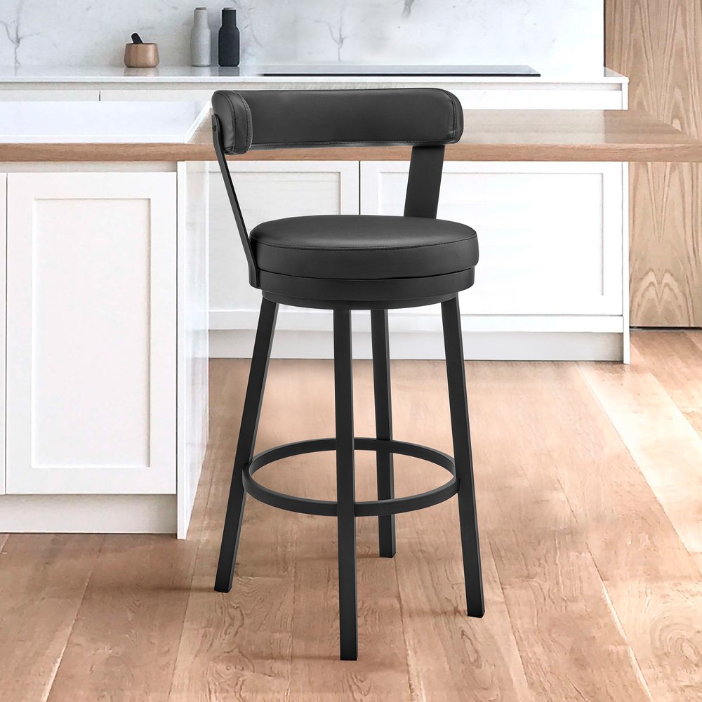 30" Black Faux Leather And Steel Low Back Bar Height Swivel Bar Chair HomeRoots