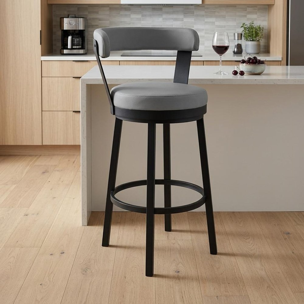 26" Gray And Black Fabric And Iron Counter Height Swivel Bar Chair HomeRoots