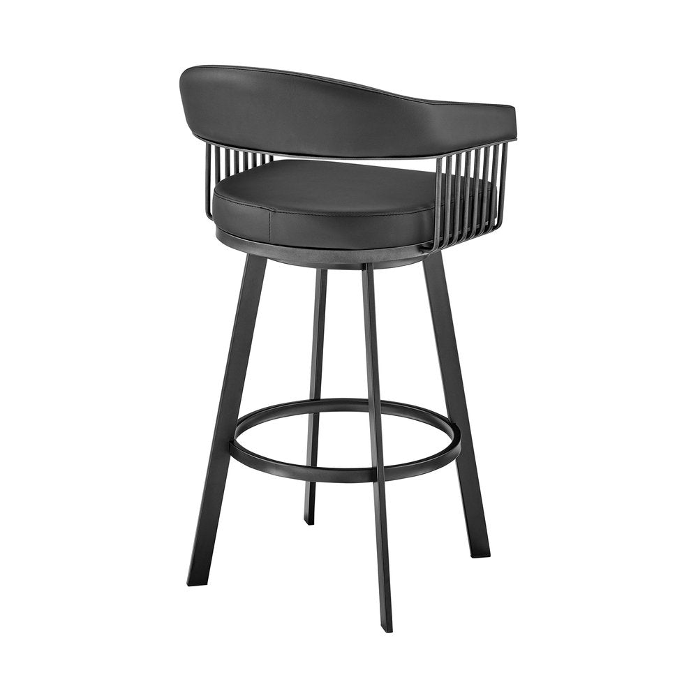26" Black Faux Leather And Iron Low Back Counter Height Swivel Bar Chair HomeRoots
