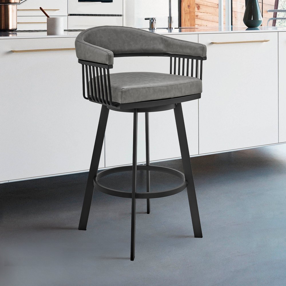 25" Gray And Black Fabric And Iron Low Back Counter Height Swivel Bar Chair HomeRoots