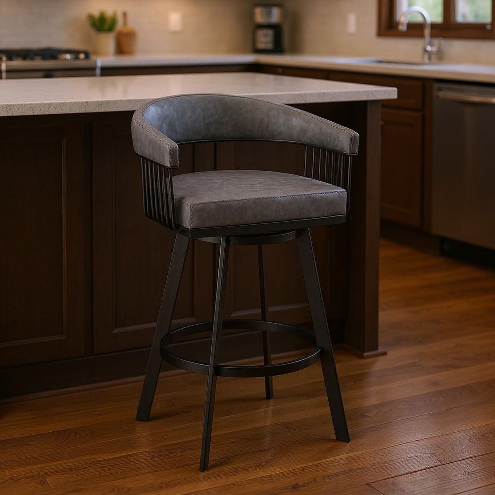 25" Gray And Black Fabric And Iron Low Back Counter Height Swivel Bar Chair HomeRoots