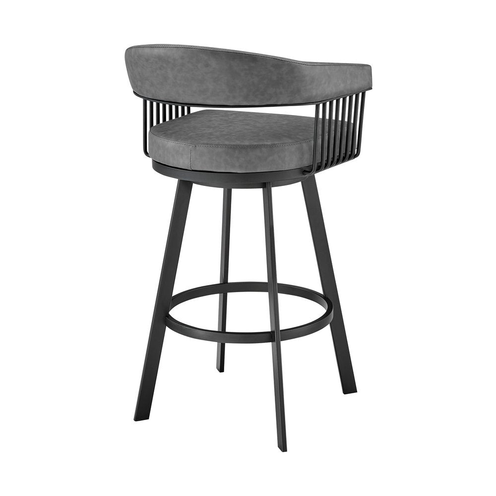29" Gray And Black Fabric And Iron Low Back Bar Height Swivel Bar Chair HomeRoots
