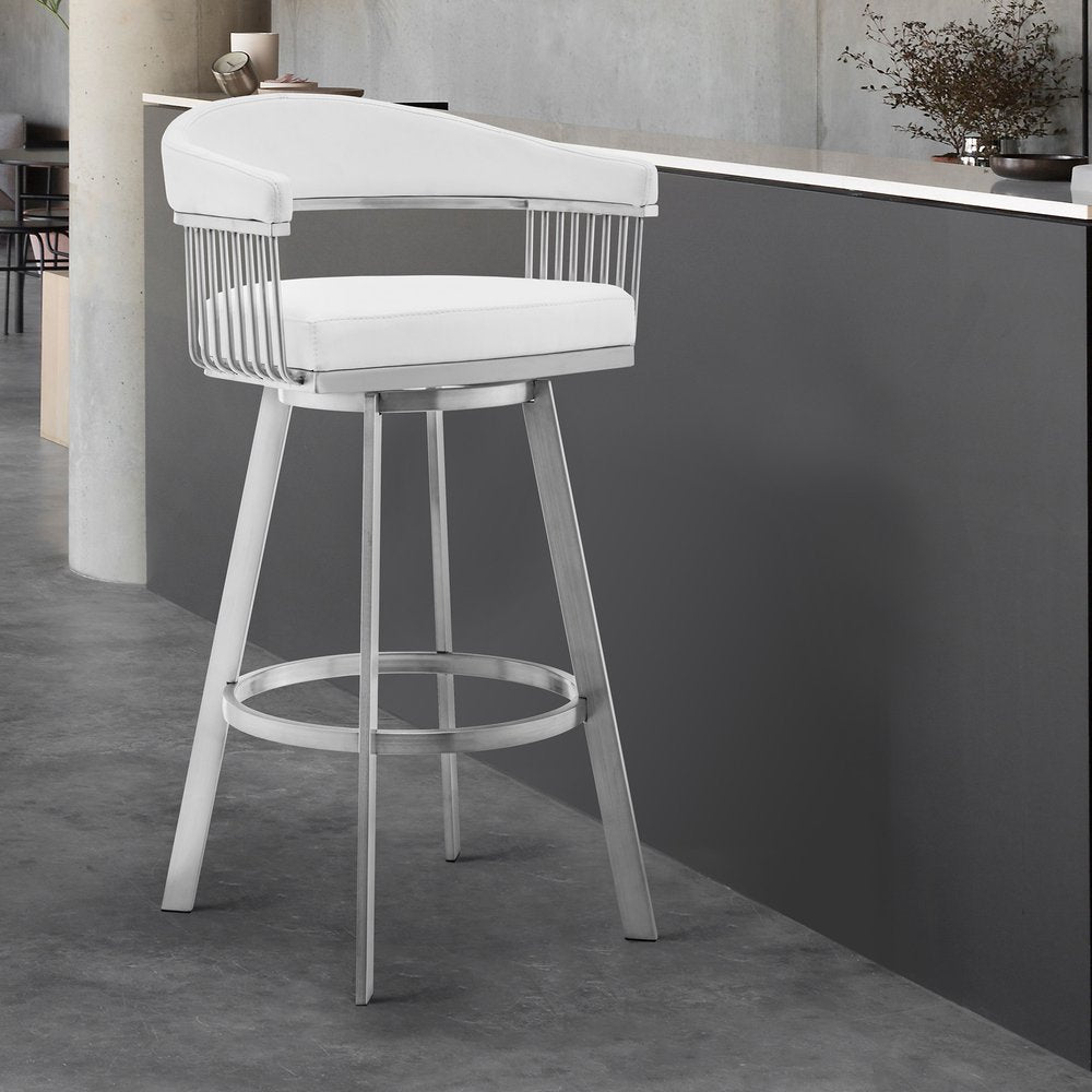 25" White And Silver Fabric And Iron Low Back Counter Height Swivel Bar Chair HomeRoots