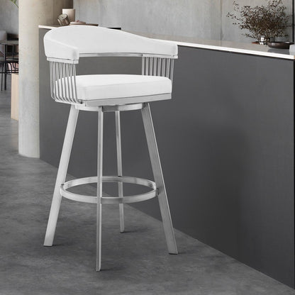 25" White And Silver Fabric And Iron Low Back Counter Height Swivel Bar Chair HomeRoots