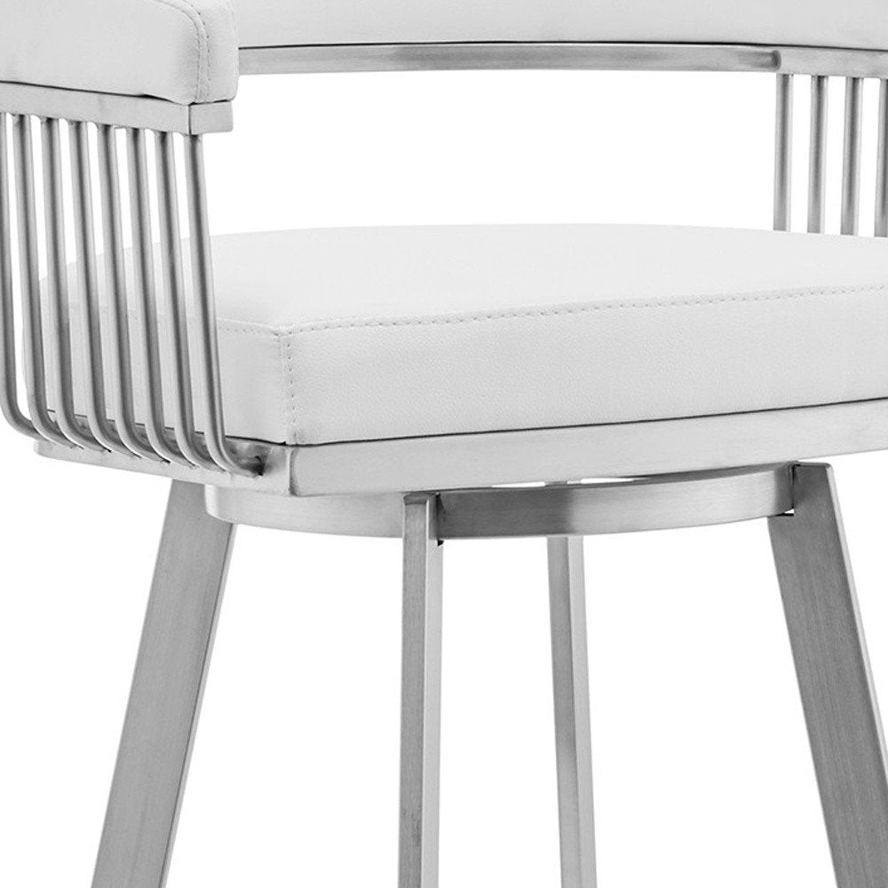 25" White And Silver Fabric And Iron Low Back Counter Height Swivel Bar Chair HomeRoots