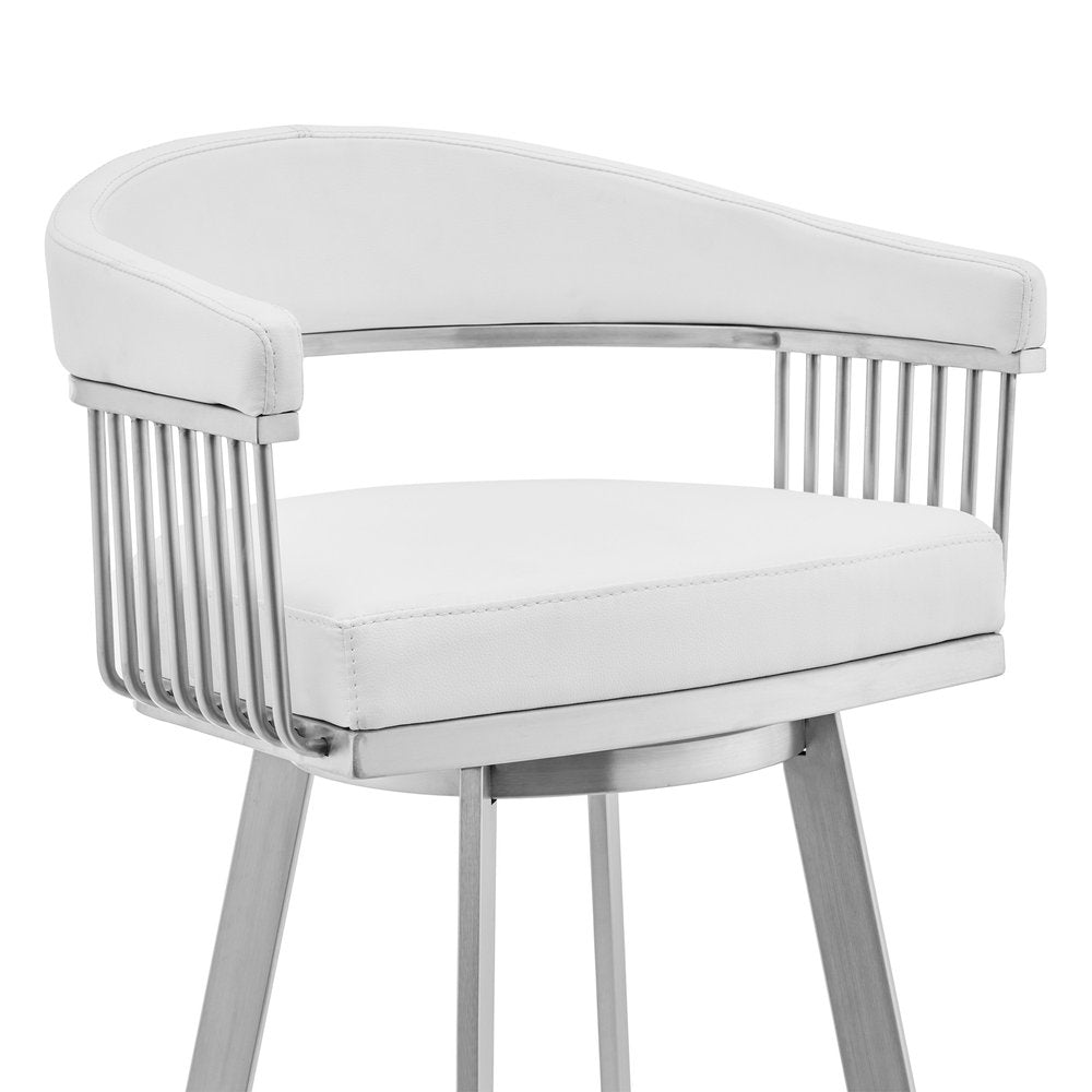 29" White And Silver Fabric And Iron Low Back Bar Height Swivel Bar Chair HomeRoots