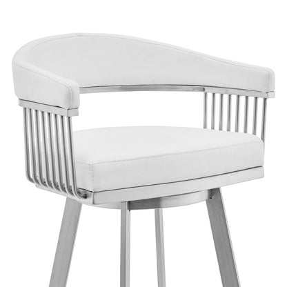 29" White And Silver Fabric And Iron Low Back Bar Height Swivel Bar Chair HomeRoots