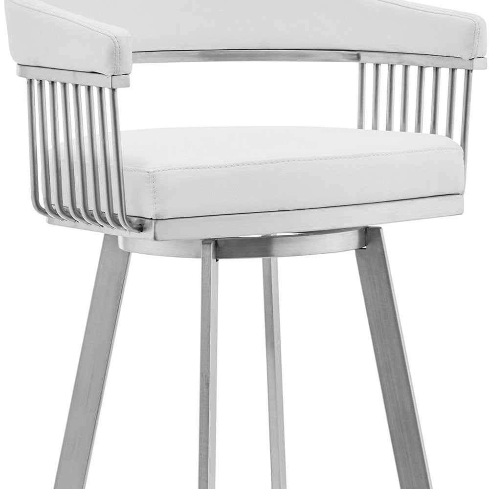 29" White And Silver Fabric And Iron Low Back Bar Height Swivel Bar Chair HomeRoots