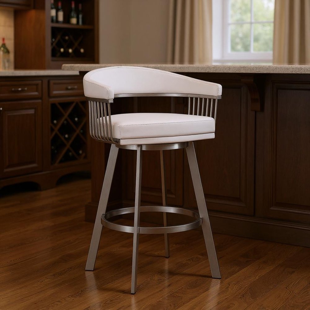 29" White And Silver Fabric And Iron Low Back Bar Height Swivel Bar Chair HomeRoots