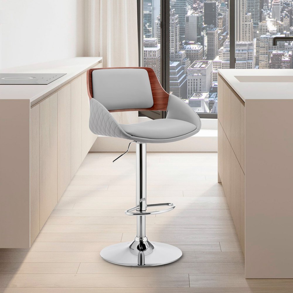 Gray And Silver Fabric And Iron Low Back Adjustable Height Swivel Bar Chair HomeRoots