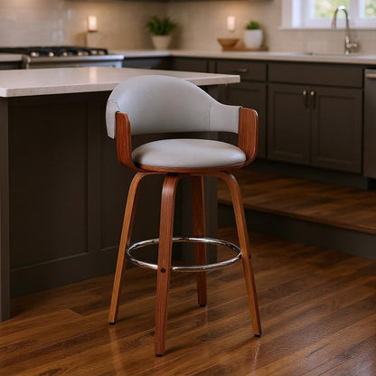 26" Gray And Brown Fabric And Wood Low Back Counter Height Swivel Bar Chair HomeRoots