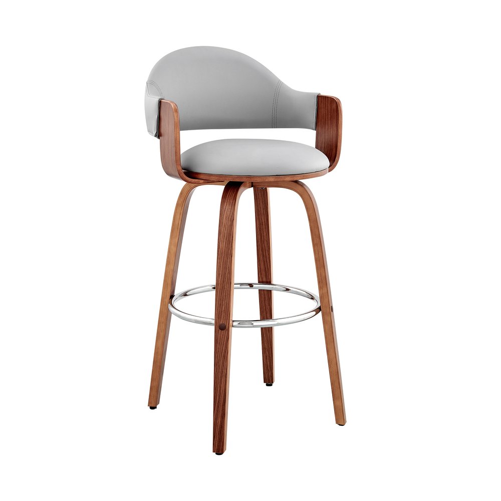 30" Gray And Brown Fabric And Wood Low Back Bar Height Swivel Bar Chair HomeRoots