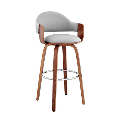 30" Gray And Brown Fabric And Wood Low Back Bar Height Swivel Bar Chair HomeRoots