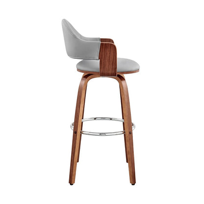 30" Gray And Brown Fabric And Wood Low Back Bar Height Swivel Bar Chair HomeRoots