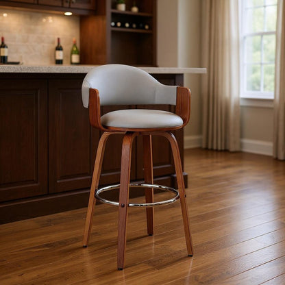30" Gray And Brown Fabric And Wood Low Back Bar Height Swivel Bar Chair HomeRoots