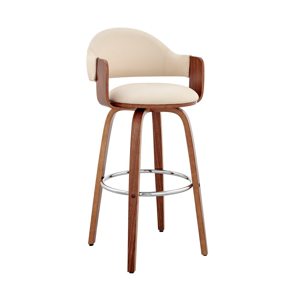 26" Cream And Brown Fabric And Wood Low Back Counter Height Swivel Bar Chair HomeRoots