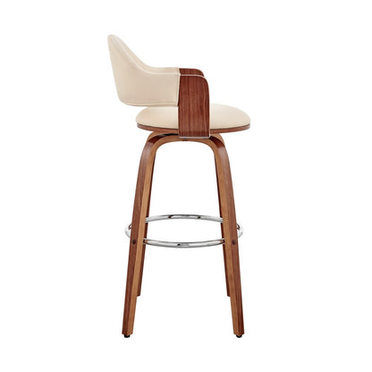 26" Cream And Brown Fabric And Wood Low Back Counter Height Swivel Bar Chair HomeRoots
