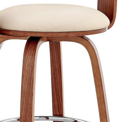 26" Cream And Brown Fabric And Wood Low Back Counter Height Swivel Bar Chair HomeRoots