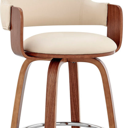 26" Cream And Brown Fabric And Wood Low Back Counter Height Swivel Bar Chair HomeRoots