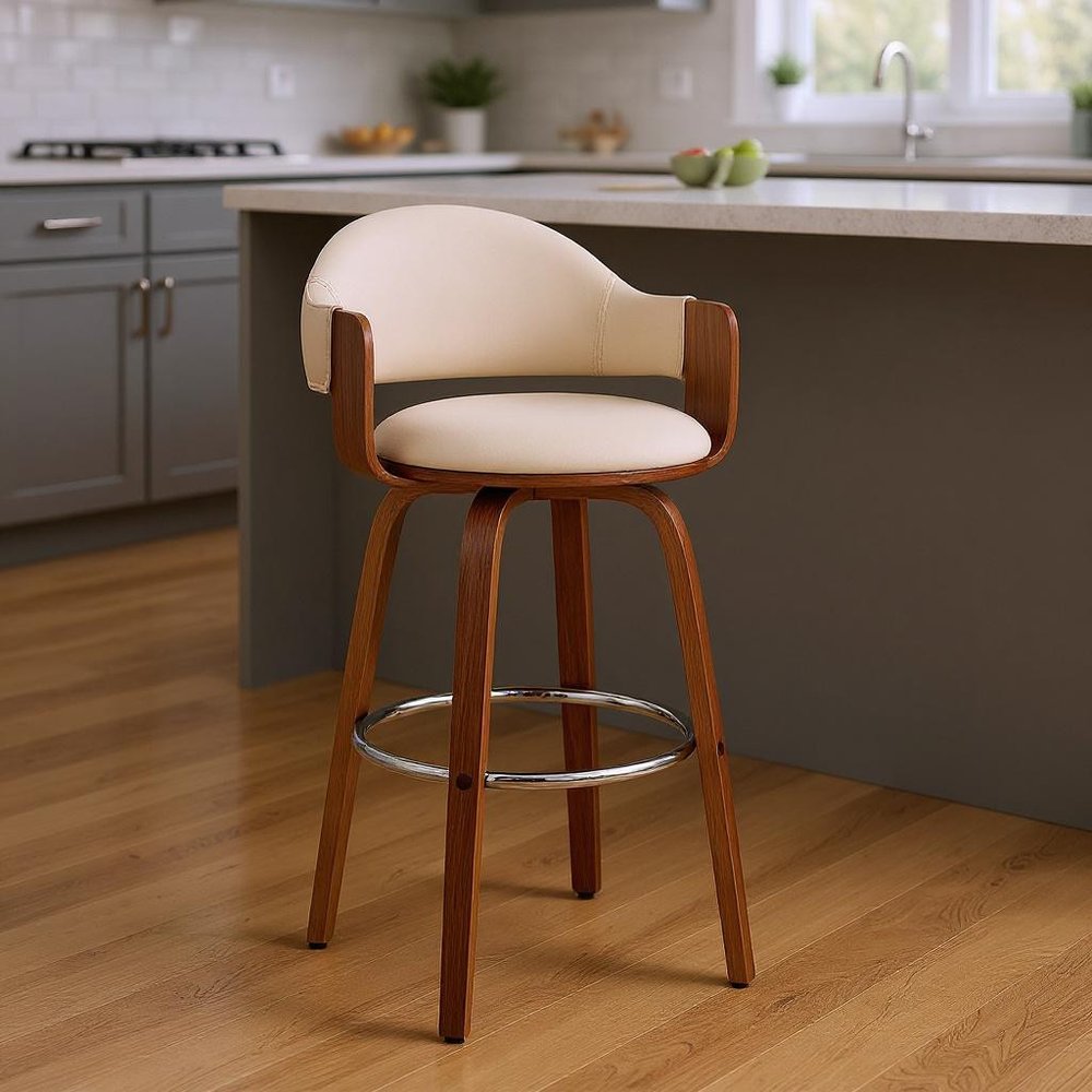 26" Cream And Brown Fabric And Wood Low Back Counter Height Swivel Bar Chair HomeRoots