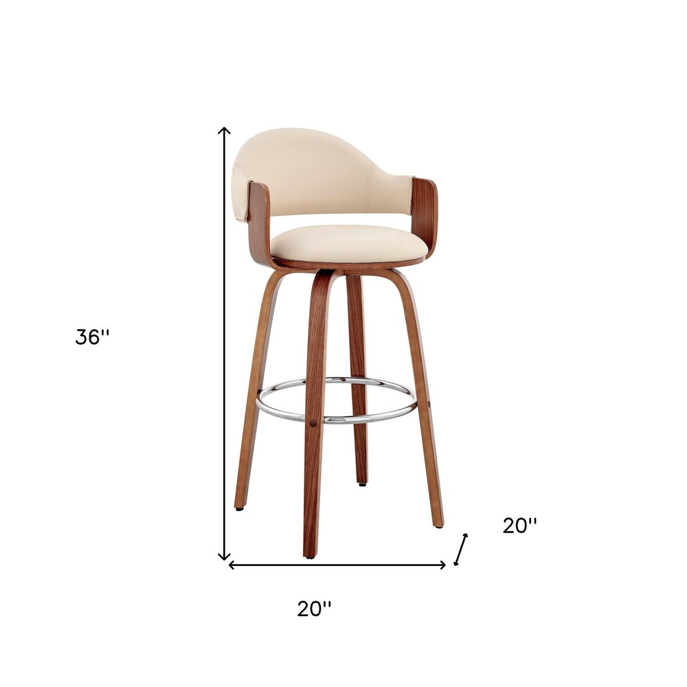 26" Cream And Brown Fabric And Wood Low Back Counter Height Swivel Bar Chair HomeRoots