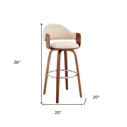 26" Cream And Brown Fabric And Wood Low Back Counter Height Swivel Bar Chair HomeRoots