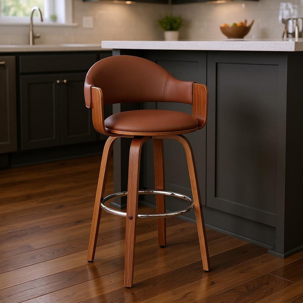 26" Brown Fabric And Wood Low Back Counter Height Swivel Bar Chair HomeRoots