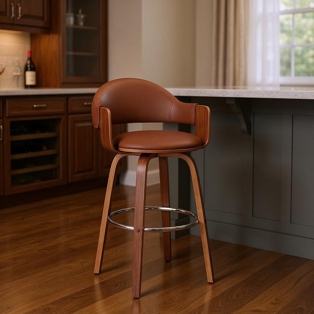 30" Brown Fabric And Wood Low Back Bar Height Swivel Bar Chair HomeRoots