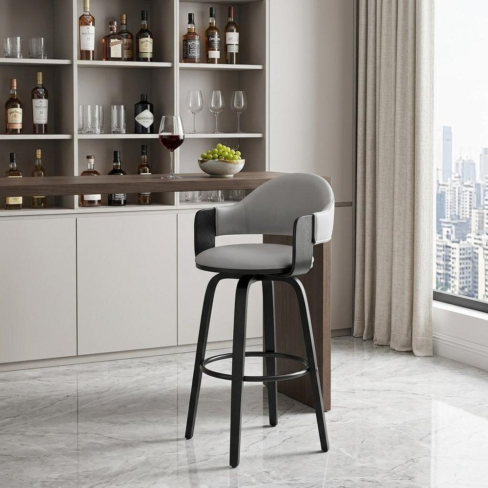 30" Gray And Black Fabric And Iron Low Back Bar Height Swivel Bar Chair HomeRoots